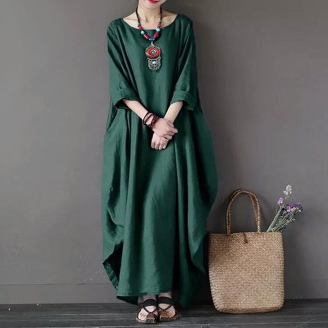 Cotton linen Dress Kaftanlong Dress Large Green Dress - Etsy