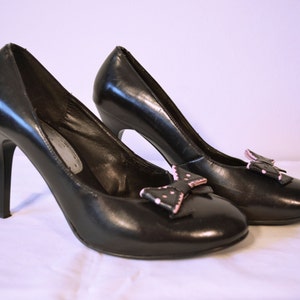 Black Baby Doll heels,Mary Jane ,Black ,Pink Bow, Shoes, Heels, Size 25.5,8 Leather uppers
