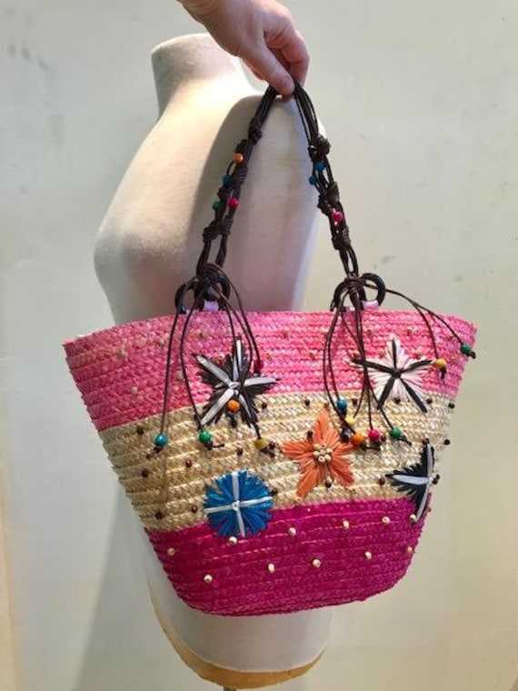 Large wicker purse,Rainbow, Beaded,Woven, Wicker,… - image 1