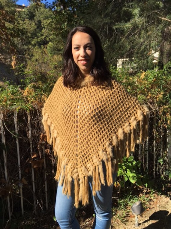 Poncho top, net poncho, tan fur trims - image 1