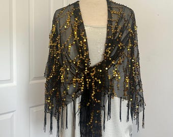 Large Sparkling Bronze sequin wrap, Shawl, semi sheer