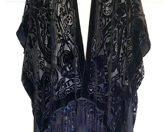 Beautiful Black Velvet Kimono, Semi Sheer, Burn out,  Fringed, Cover, Jacket, Duster