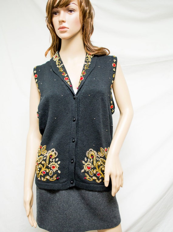 Black Knit Sweater Vest,beaded,embroidered, Gold, 