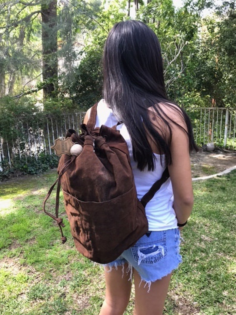 Backpack bag, Large, suede leather backpack,Hobo Barrel bag ,Back pack ,Shoulder sling, brown, suede, leather ,boho bag,15 tall x 11 wide image 4