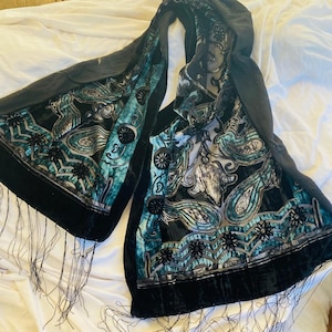 Beautiful Art Deco Velvet Scarf, Teal, Black, Semi Sheer, Burn out, Fringed, Piano Scarf, butterfly brooch