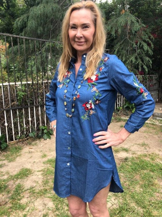 green emerald velvet dress Embroidered Demin Shirt Dress