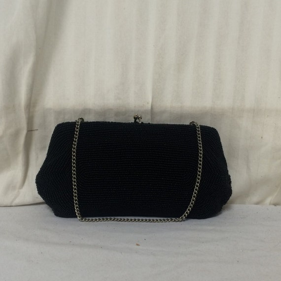 Black glass beaded purse,bag, Japan hand bag ,clu… - image 1