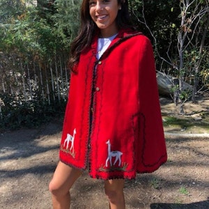 Poncho top, Red wool poncho,Cape,Red ,Wool Poncho,Embroidered,Llama design