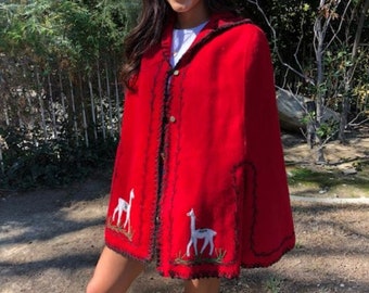 Poncho top, Red wool poncho,Cape,Red ,Wool Poncho,Embroidered,Llama design