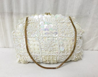 Beaded purse,bag,White, Beaded , Sequin, Clutch Purse, Hong Kong