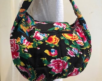 Large Cotton Hobo bag,Shoulder Bag,Purse,Boho bag,Roses,Peacocks,black, pink,red,yellow