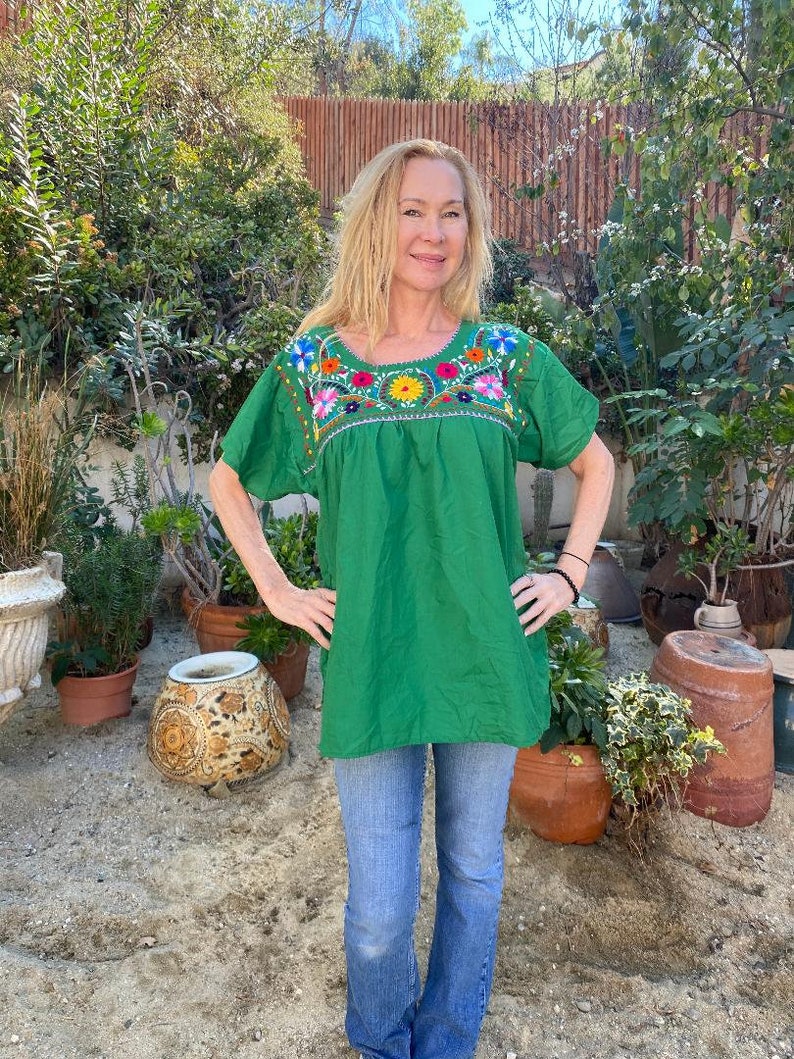 blouse Mexican blouse top,Oaxaca,green,Indian,Hupil large,BoHo Embroidered blouse Puebla blouse