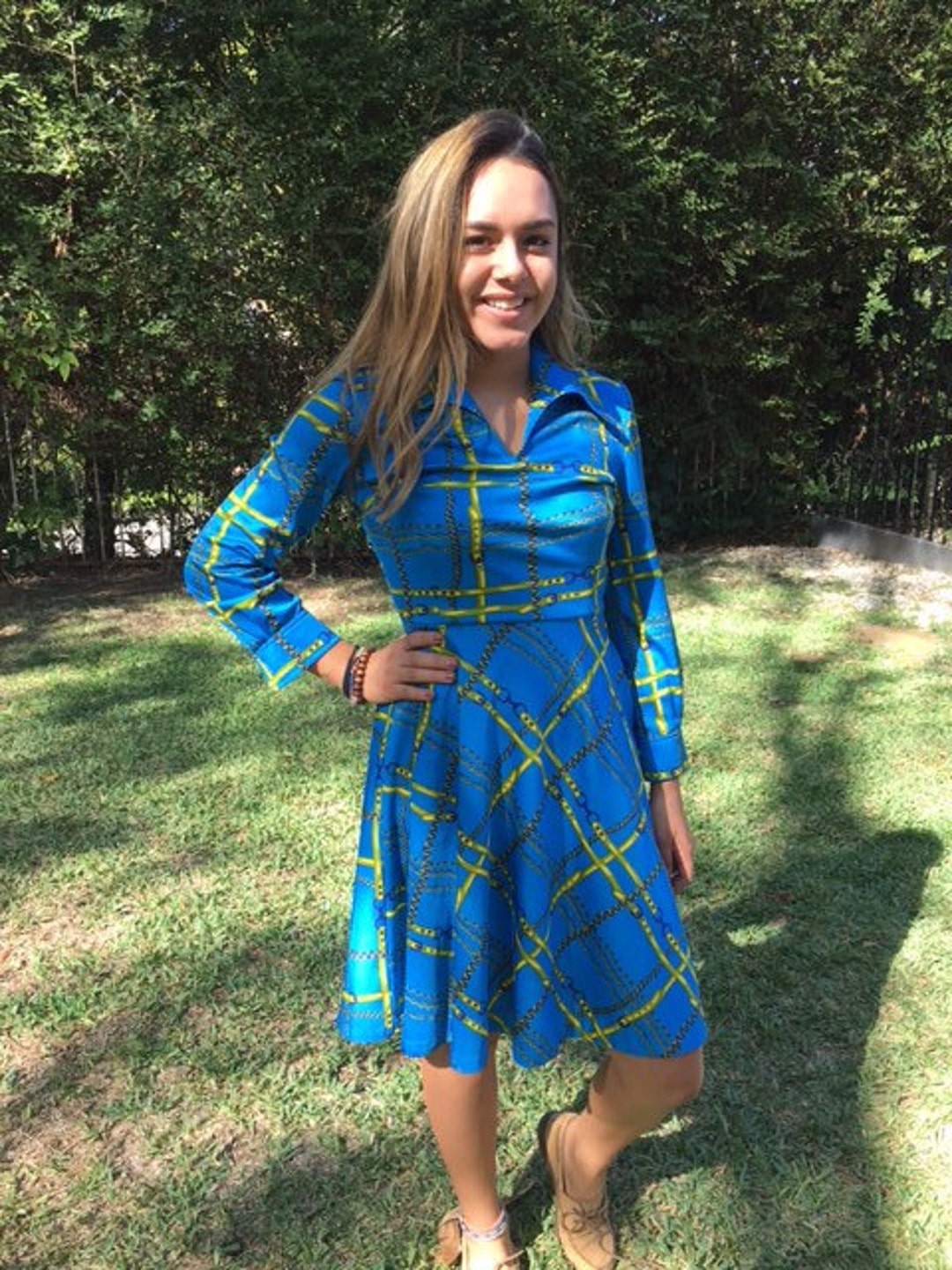 Blue gold dress, size 2, chains, belts, polyester dress,