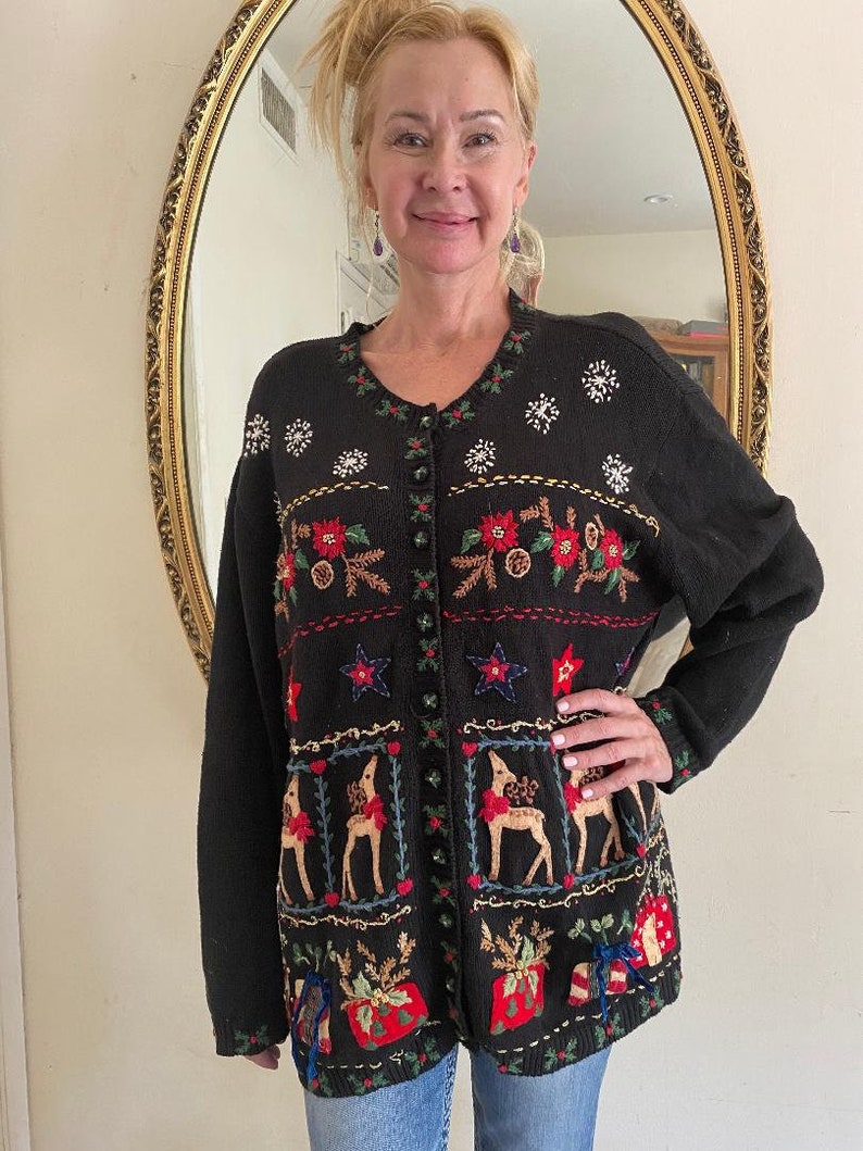 Heirloom Christmas cardigan Presents Reindeer Christmas sweater Stars 18,20 ugly Christmas sweater Embroidered