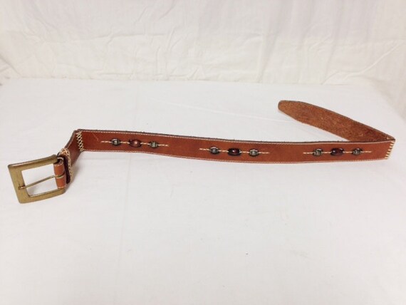 Fossil Beaded Stitched Leather‎ belt Fossil, Brown Leather Belt ,beaded,copper Tone, Buckle  main image 3