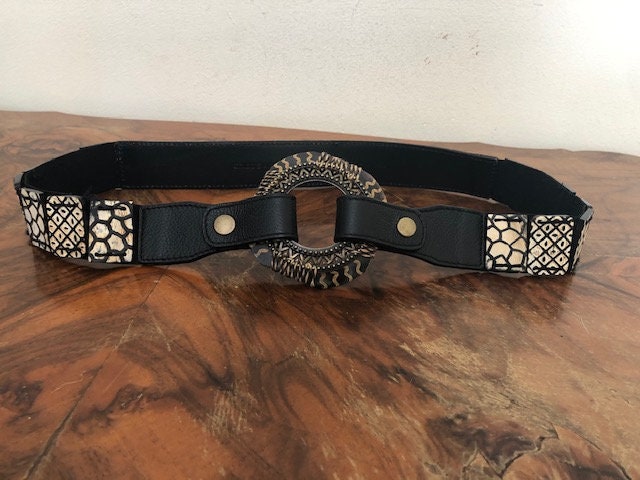 Chico\'s Black Leather Wide Belt Boho Whimsy Goth Goth Western Casual Chicos Boho Belt, Black, Tan, Stretch Belt - Etsy main image 3