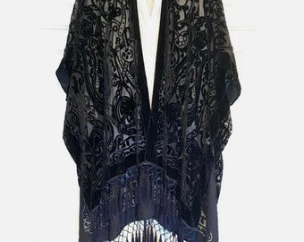 Art Deco Black Velvet Kimono, Semi Sheer, Velvet Robe, Burn out, Fringed, Cover, Jacket, Duster