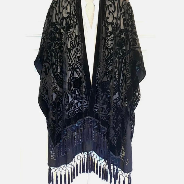 Art Deco Black Velvet Kimono, Semi Sheer, Velvet Robe, Burn out, Fringed, Cover, Jacket, Duster