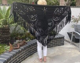 Gorgeous Flowy Ultra suede shawl, shawl, wrap, Black, fringed, Piano scarf, Extra long fringe, Cut out Shawl