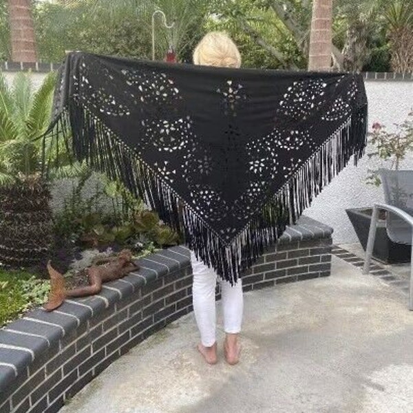 Gorgeous Flowy Ultra suede shawl, shawl, wrap, Black, fringed, Piano scarf, Extra long fringe, Cut out Shawl