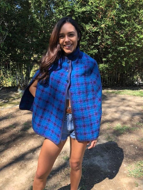 Blue Tapestry cape,wool poncho,Blue, Poncho top,Ca
