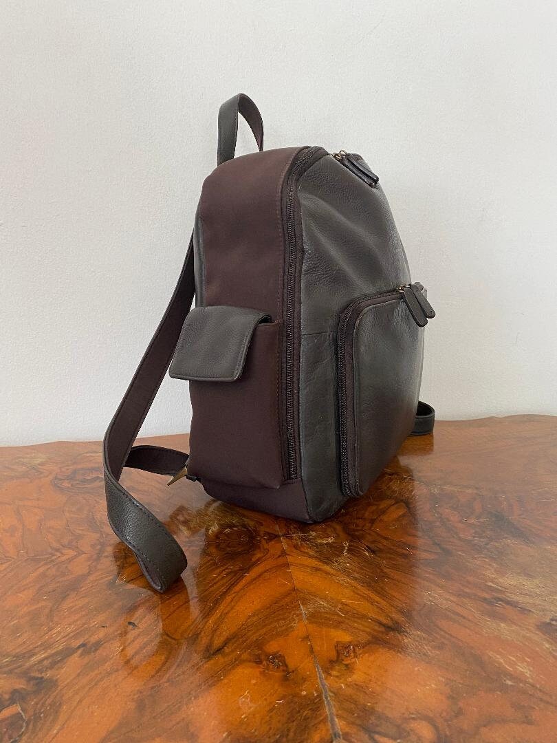 Giani Bernini Backpack Bag Brown Leather Brown Nylon Organizer Bag Etsy Canada