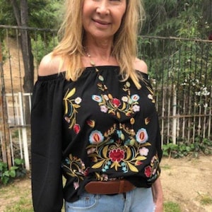Long Sleeve,Embroidered blouse, BoHo, top, Off the shoulder,black cotton blouse,Oaxaca, small,S,Mexican blouse, fiesta, blouse,Puebla blouse