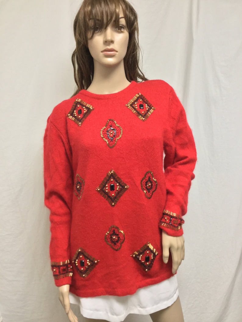 Beads Medium Bronze knit sweater,beaded sweater,Black Karen Scott Angora Sweater