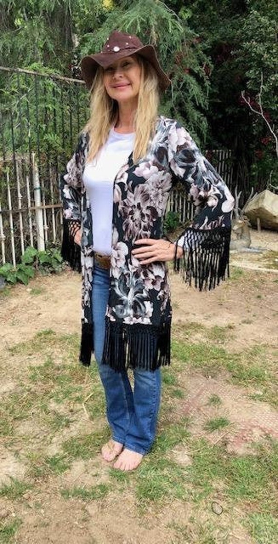 Floral fringed Kimono, Long flowered, top, fringed