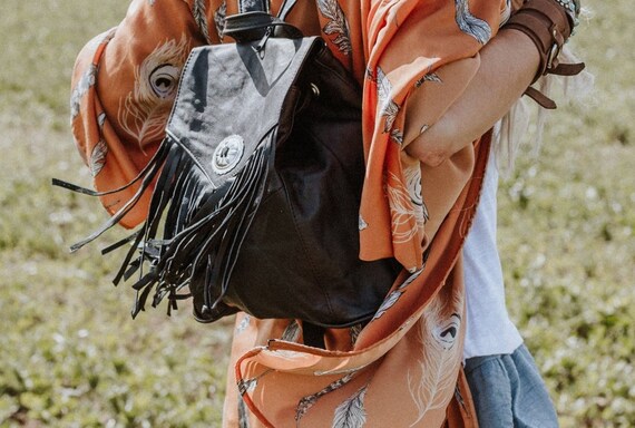 Backpack bag, Black leather backpack, fringed back