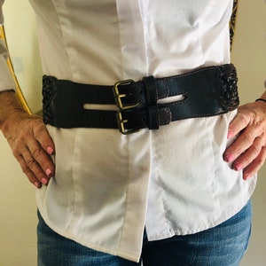 Braided black leather belt, double buckle belt, boho belt