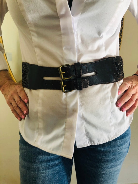 Braided black leather belt, double buckle belt, bo