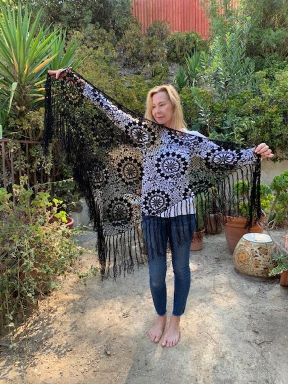 Crochet shawl, Beaded shawl, Fringed Shawl, Wrap ,