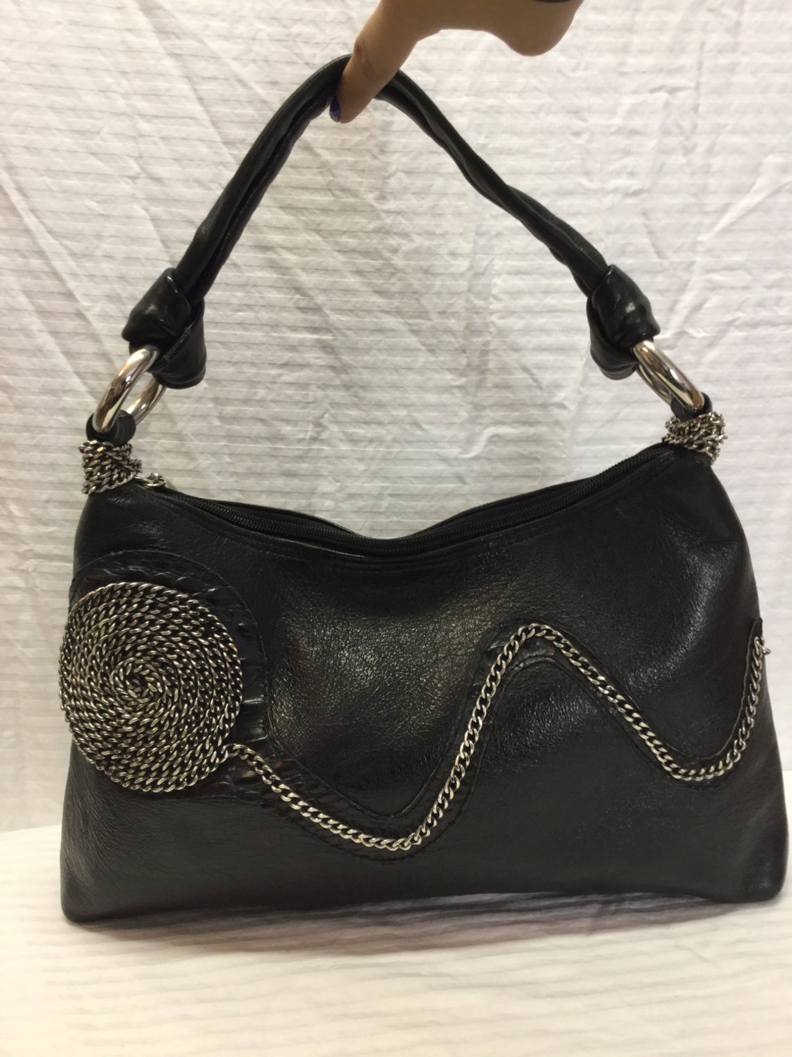 Black Faux Leather Purse Bag Silver Chains Shoulder Bag | Etsy