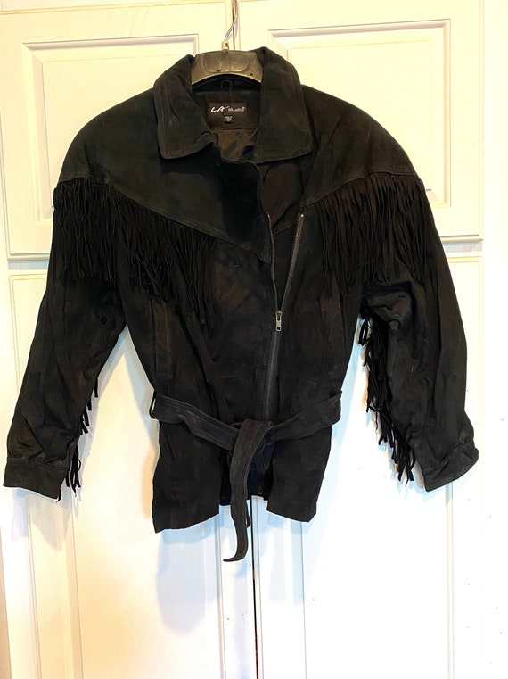 Vintage, 1980s, fringed black leather suede jacke… - image 1