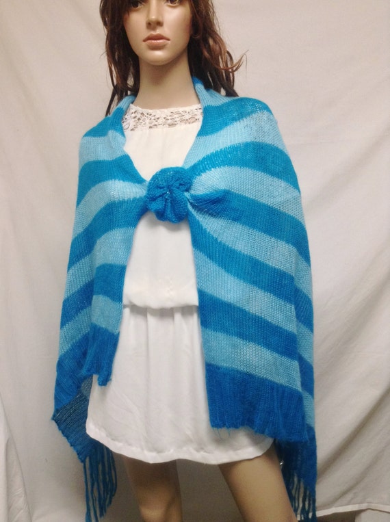 Poncho top  ,Blue Knit Poncho Shawl Striped Fringe