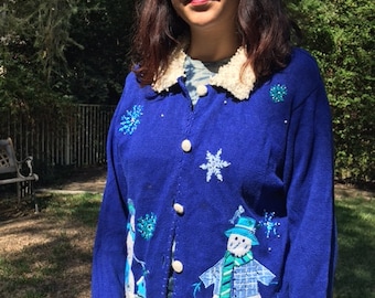 Ugly Christmas sweater, Christmas cardigan sweater, size large, snowman and bluebirds, blue, cardigan, sweater.