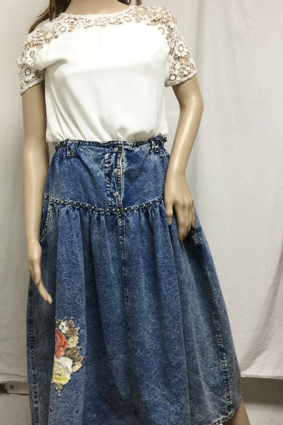 Denim Skirt, Medium, Rose Applique, Bedazzled ,Stu