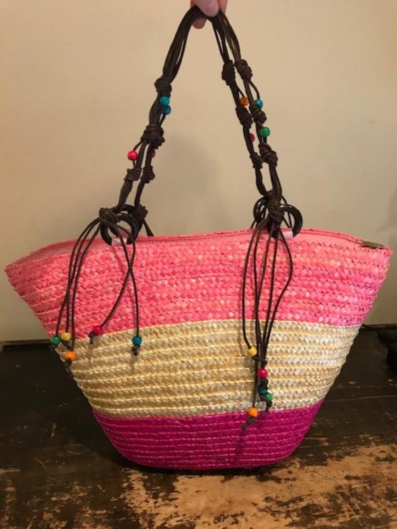 Large wicker purse,Rainbow, Beaded,Woven, Wicker,… - image 4