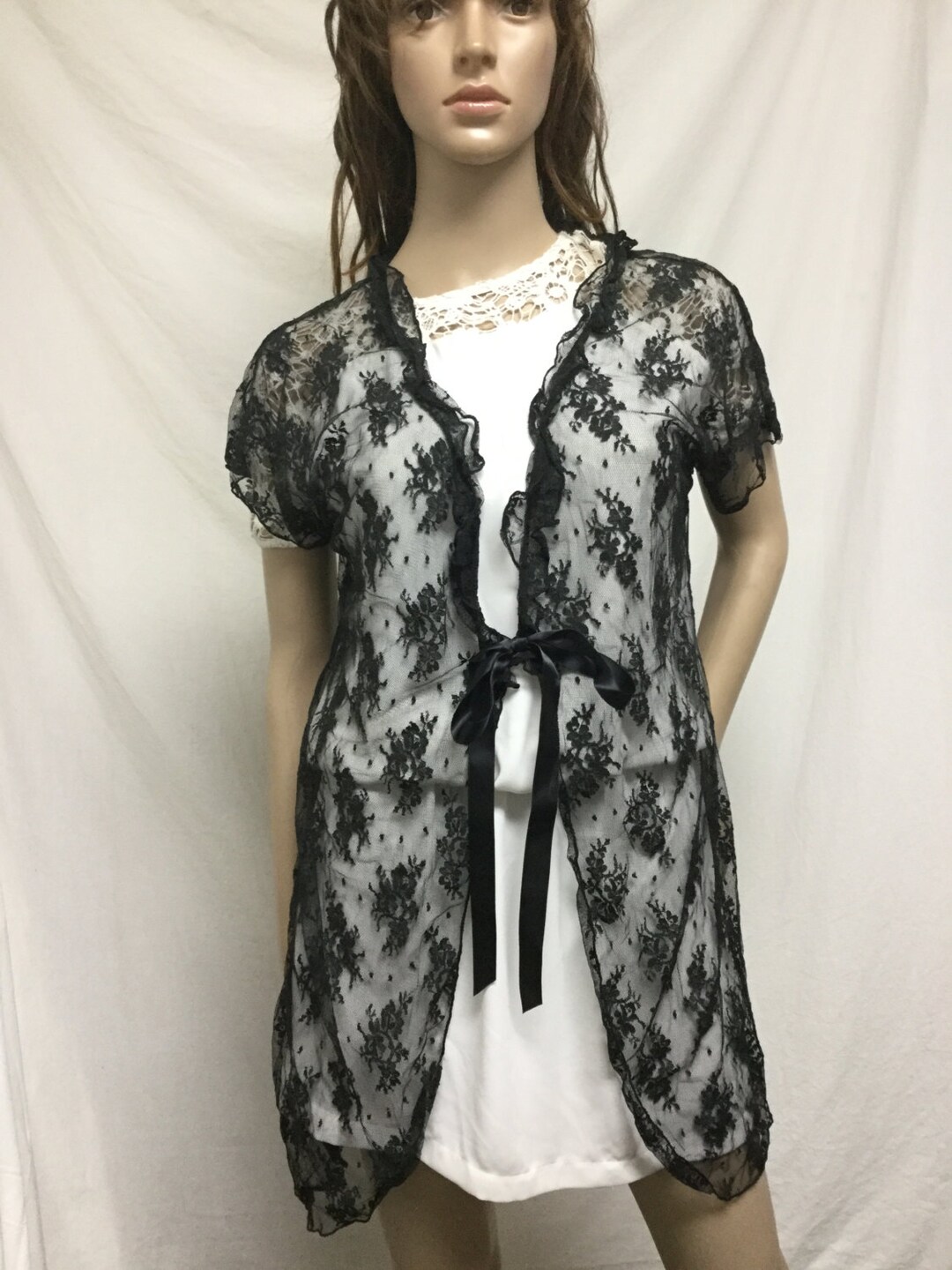 Black Lace Lingerie ,semi Sheer ,bathrobe, Tie Front, Robe ,medium Etsy