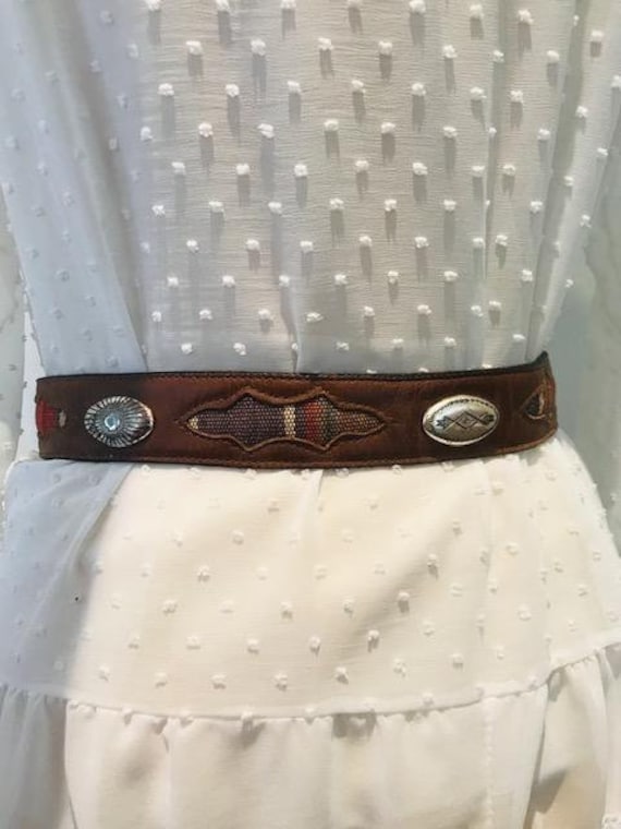 Brown leather Belt ,Concho belt,Inlayed tapestry f