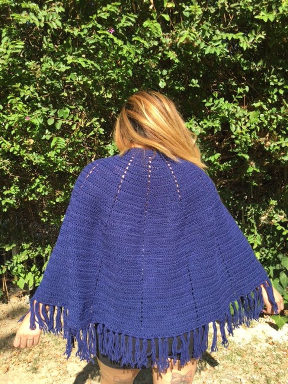 Knit poncho, blue, fringed , shawl, wrap - image 2