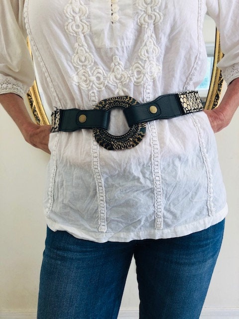 Chico’s Genuine Leather Belt M/L Made in Canada Boho Western Statement Buckle Chicos Boho Belt, Black, Tan, Stretch Belt - Etsy main image 2