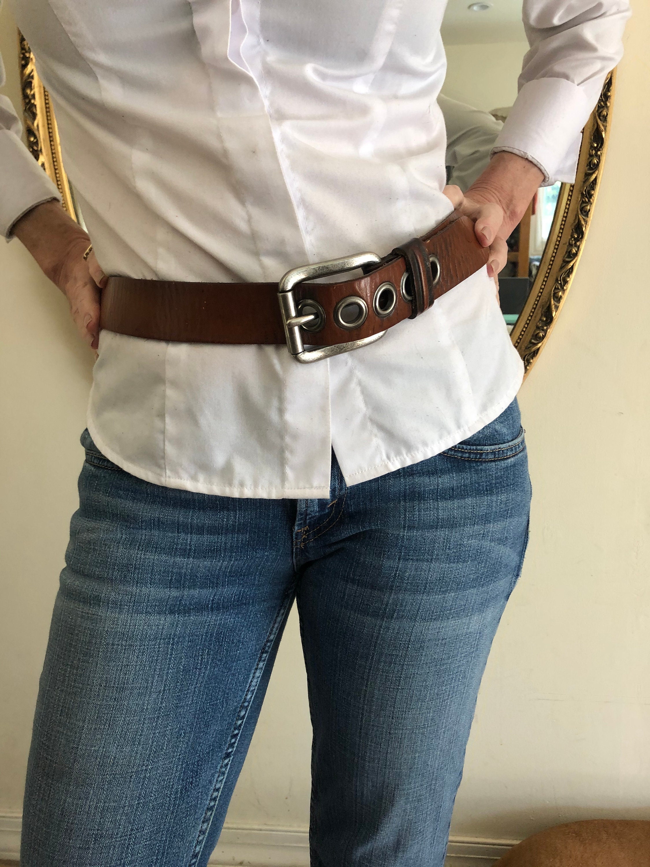 Lucky brand, double silver Gromit brown leather belt ORCIANI Grit leather belt with double metal loop. , color Brown main image 3