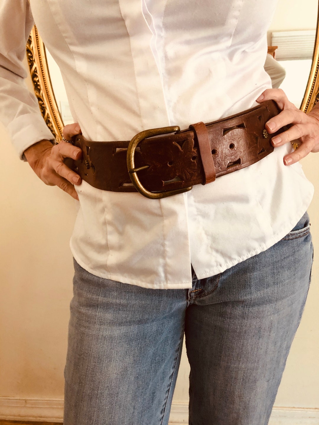 Tooled Faux Leather Belt Cut Out Belt Wide Belt Etsy