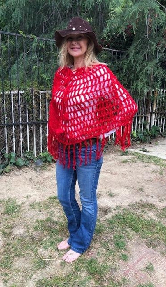 Poncho top,Knit Poncho,red,red poncho, Soft, Frin… - image 8