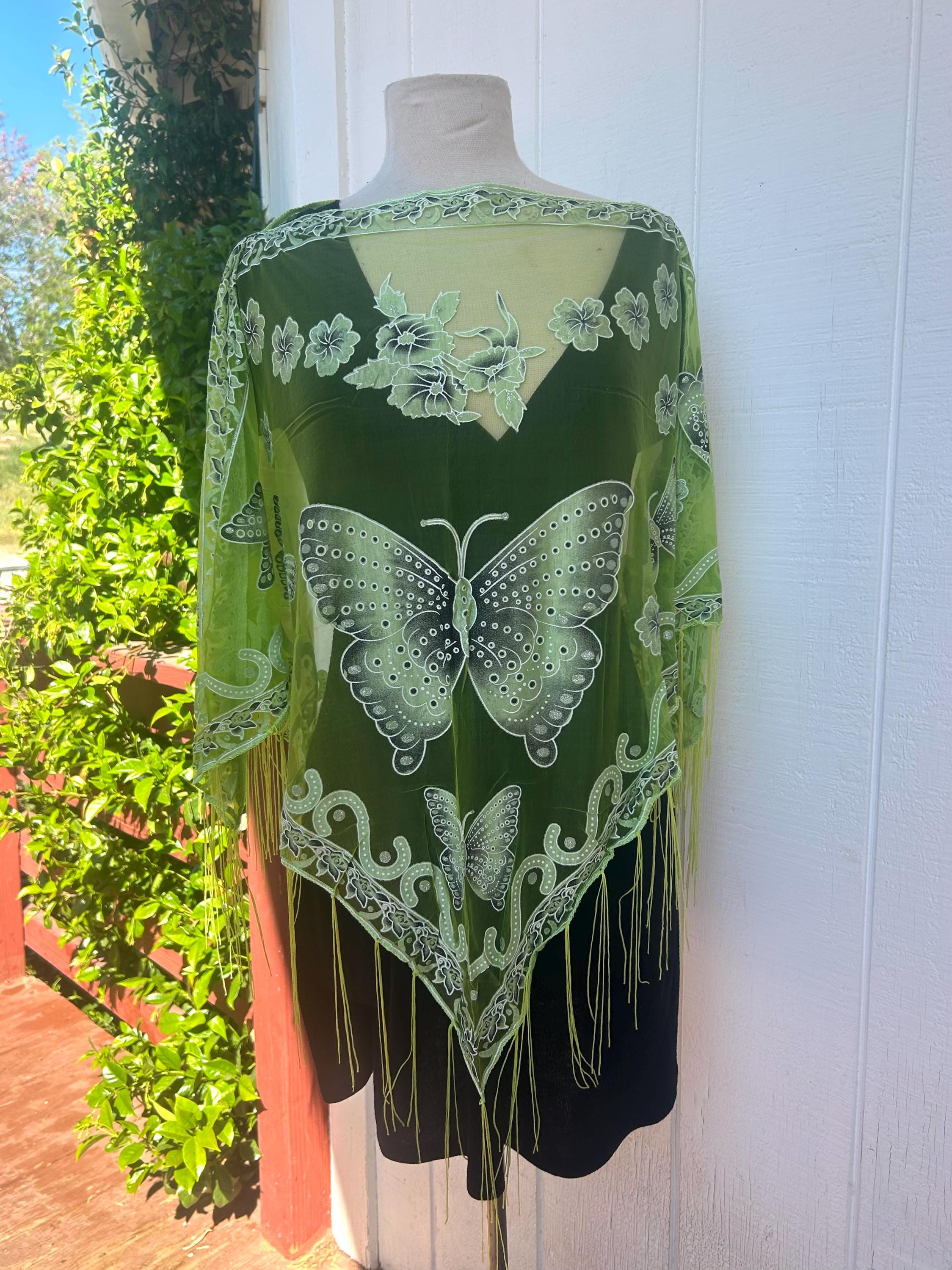 Semi Sheer Poncho, Green Butterfly, Beautiful, Handmade, Bright