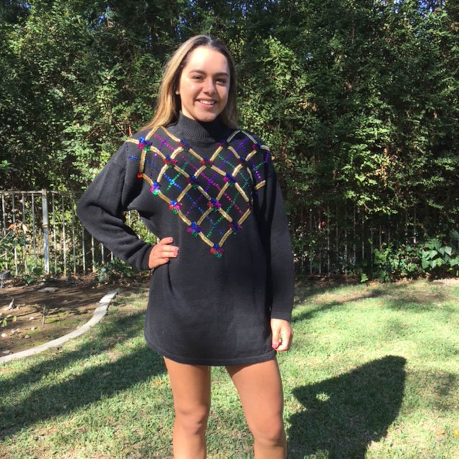 Black Sequin Sweater Large Sequin Beaded Sweater Black Etsy