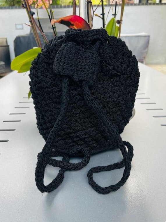 Backpack Bag, Black, Knit, Backpack, macramé back… - image 2