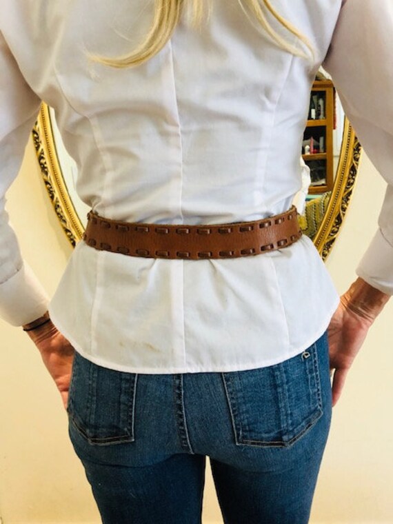 Brown leather belt, removable buckle, woven leath… - image 3